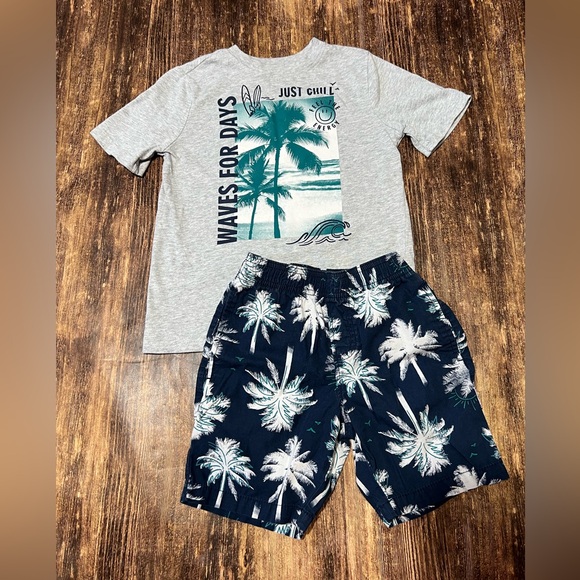 365 Kids size Gray and Navy Palm Tree T-Shirt and Shorts Set - Picture 1 of 2